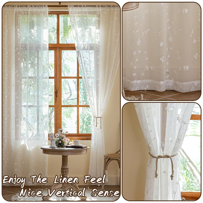 AmHoo 2 Panels Leaf Flora Embroidered Farmhouse Semi Sheer Curtain Voile Curtains for Living Room Bedroom Window Treatment White 53 x 63 Inch - Image 5